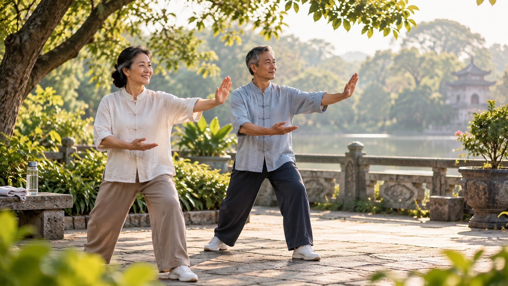 Người 50+ thực hành vận động nhẹ ngoài trời