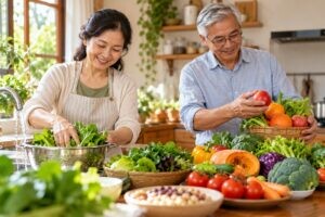 Vợ chồng lớn tuổi cùng chuẩn bị rau quả tươi trong căn bếp gia đình