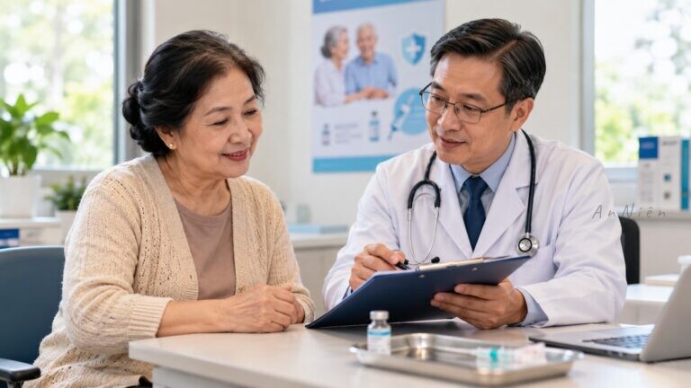 Người lớn tuổi trao đổi với nhân viên y tế về tiêm chủng và phòng bệnh
