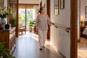 Người phụ nữ lớn tuổi bước vững vàng trong hành lang có tay vịn và ánh sáng tự nhiên