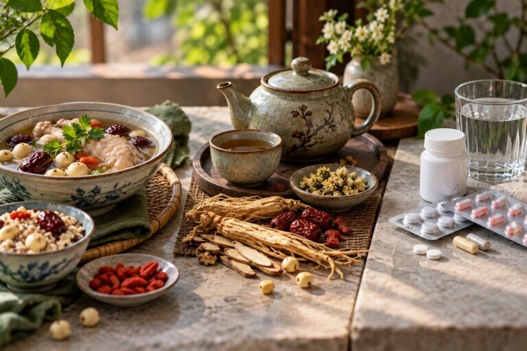 Bàn ăn có món dược thiện, trà thảo mộc và thuốc được đặt thành ba nhóm riêng