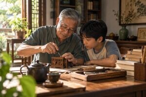 Ông lớn tuổi hướng dẫn cháu làm đồ thủ công trong không gian gia đình