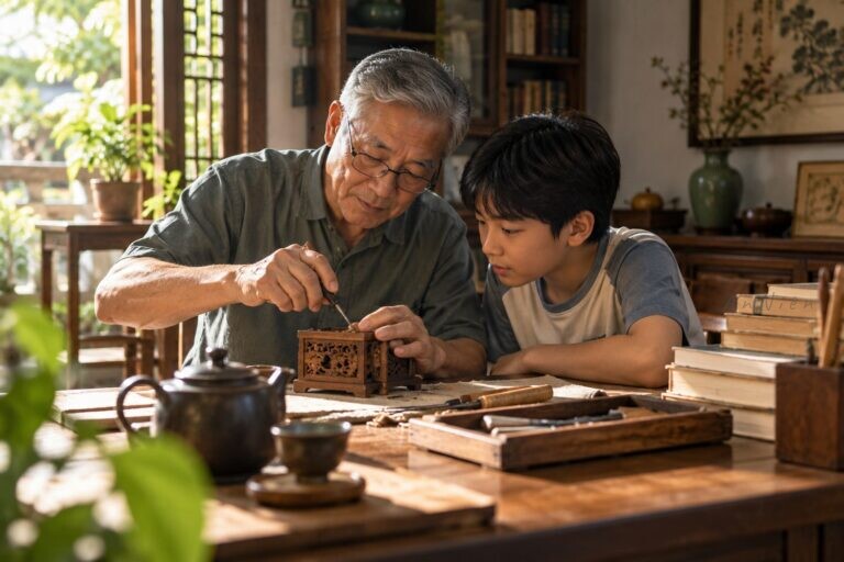 Ông lớn tuổi hướng dẫn cháu làm đồ thủ công trong không gian gia đình