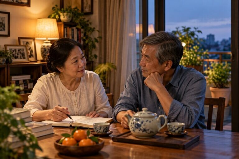 Vợ chồng lớn tuổi trò chuyện bên bàn trà trong buổi tối ấm áp