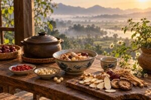 Vợ chồng lớn tuổi cùng trao đổi kế hoạch gia đình bên bàn trà và sổ ghi chép