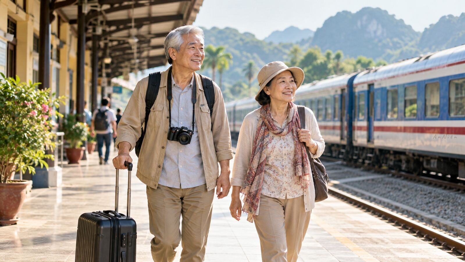 Hai người lớn tuổi thong thả kéo vali tại ga tàu giữa cảnh núi xanh