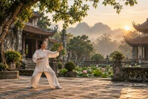 Người phụ nữ lớn tuổi tập Thái Cực Quyền trong sân chùa lúc bình minh