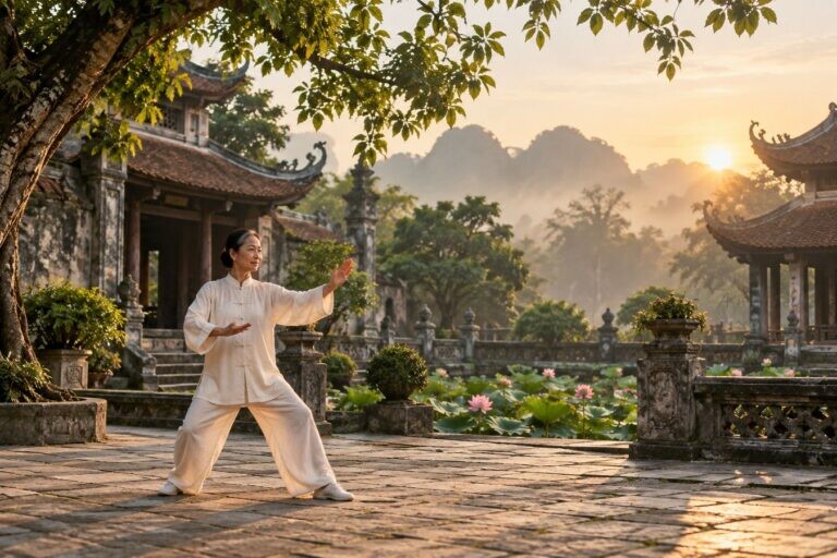 Người phụ nữ lớn tuổi tập Thái Cực Quyền trong sân chùa lúc bình minh