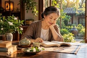 Người phụ nữ lớn tuổi đọc sách bên ấm trà nhìn ra khu vườn