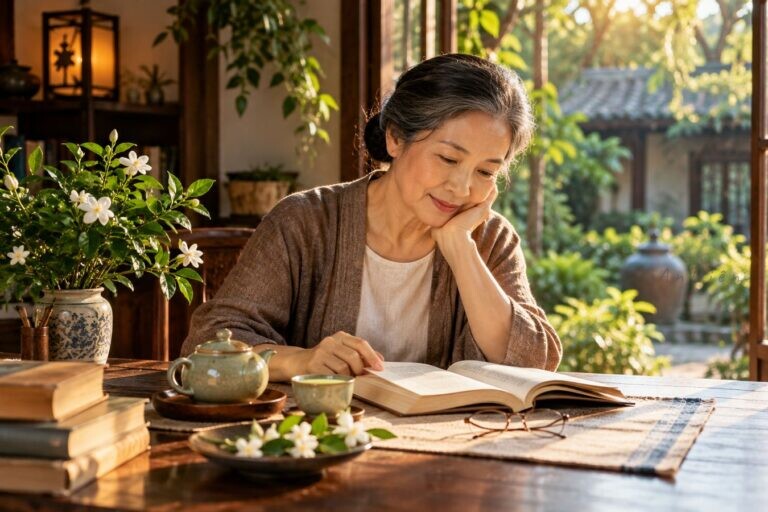 Người phụ nữ lớn tuổi đọc sách bên ấm trà nhìn ra khu vườn