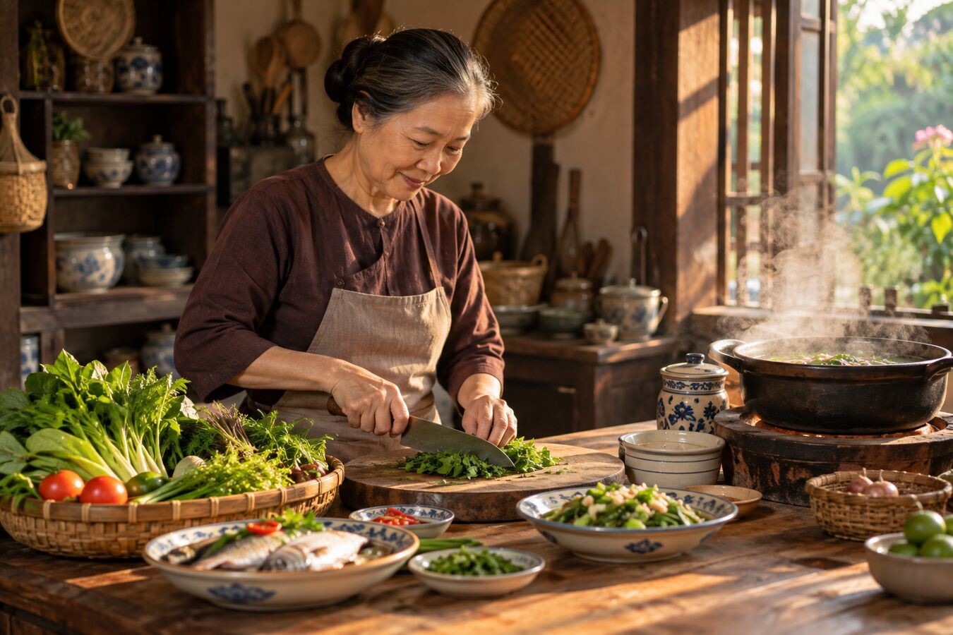 Người phụ nữ lớn tuổi chuẩn bị rau trong căn bếp gia đình