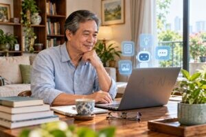 Người đàn ông lớn tuổi sử dụng laptop với trợ lý AI trong phòng khách