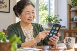 Người phụ nữ lớn tuổi thao tác trên điện thoại thông minh tại nhà