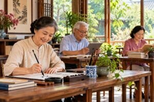 Ba người lớn tuổi học thư pháp, đọc sách và sử dụng máy tính