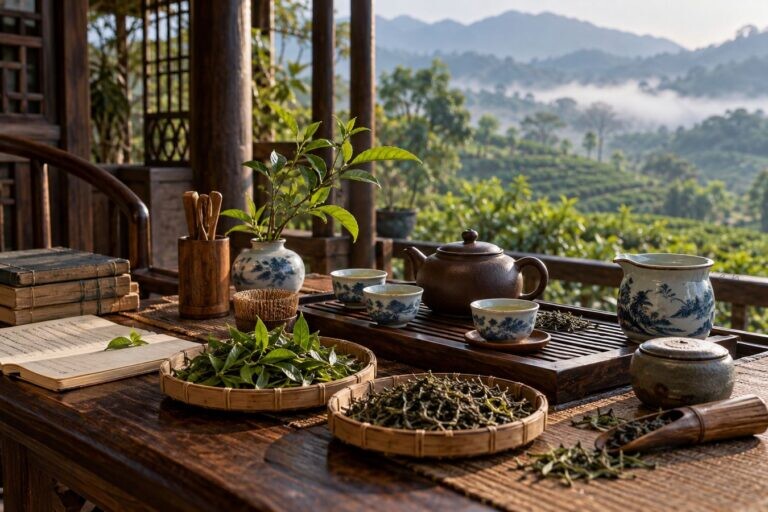 Bộ trà truyền thống bên khay lá trà nhìn ra vùng đồi chè