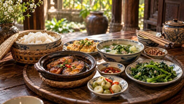 Mâm cơm truyền thống Việt Nam với cơm, cá kho, rau xanh, canh và các món ăn trong bát đĩa gốm