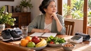 Phụ nữ trung niên ngồi lập kế hoạch chăm sóc sức khỏe với trái cây, rau xanh, giày đi bộ và máy đo huyết áp