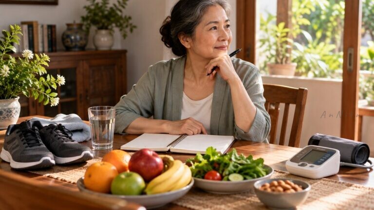 Phụ nữ trung niên ngồi lập kế hoạch chăm sóc sức khỏe với trái cây, rau xanh, giày đi bộ và máy đo huyết áp