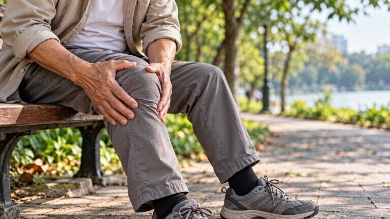 Cận cảnh bàn tay người lớn tuổi đang ôm đầu gối đau khi ngồi trên ghế công viên