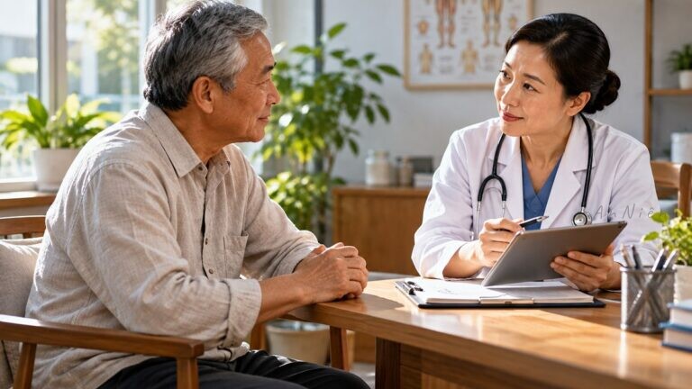 Bác sĩ đang tư vấn trực tiếp cho người đàn ông lớn tuổi trong phòng khám sáng và yên tĩnh