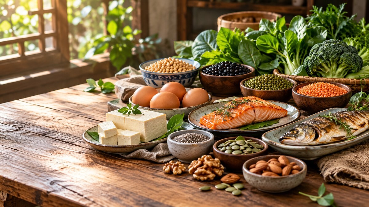 Bàn ăn với cá hồi, cá, trứng, đậu phụ, các loại đậu, hạt và rau xanh giàu protein