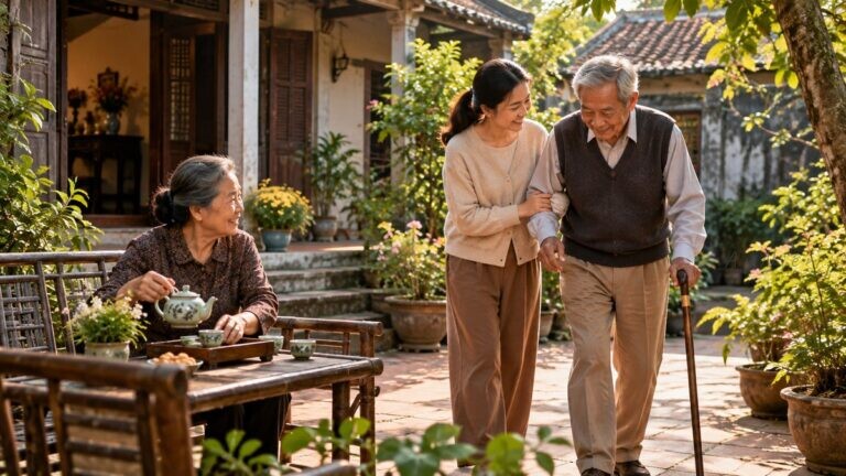 Con cái chăm sóc cha mẹ lớn tuổi tại nhà