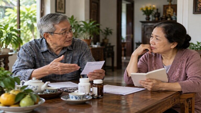 Vợ chồng lớn tuổi trao đổi về cách chăm sóc sức khỏe